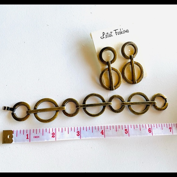 Vintage 90s bracelet & earring set of 2. Brass. Circular chain link chunky. SML - Picture 2 of 7